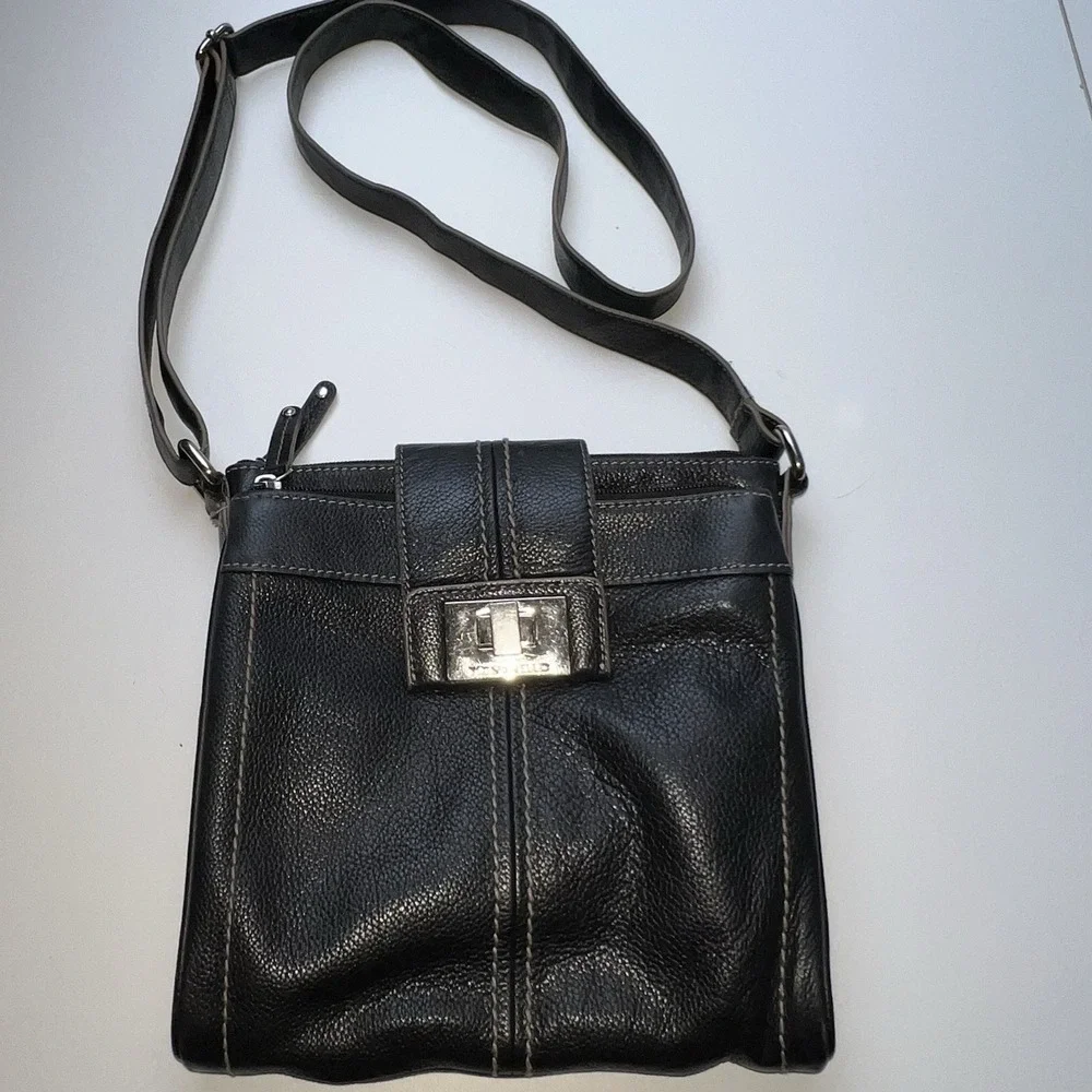Tignanello Black Pebbled Leather  Crossbody Organizer Purse